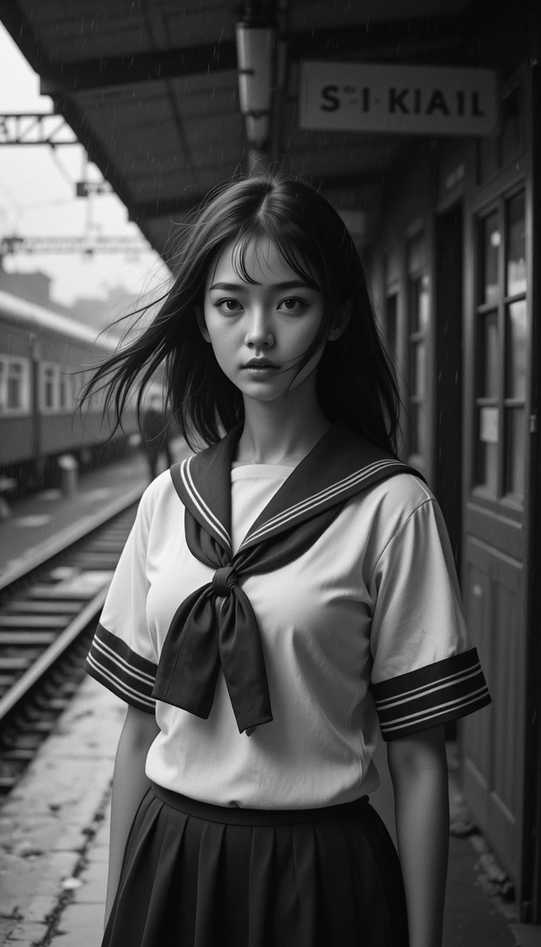 Japanese schoolgirl at rainy retro train station platform