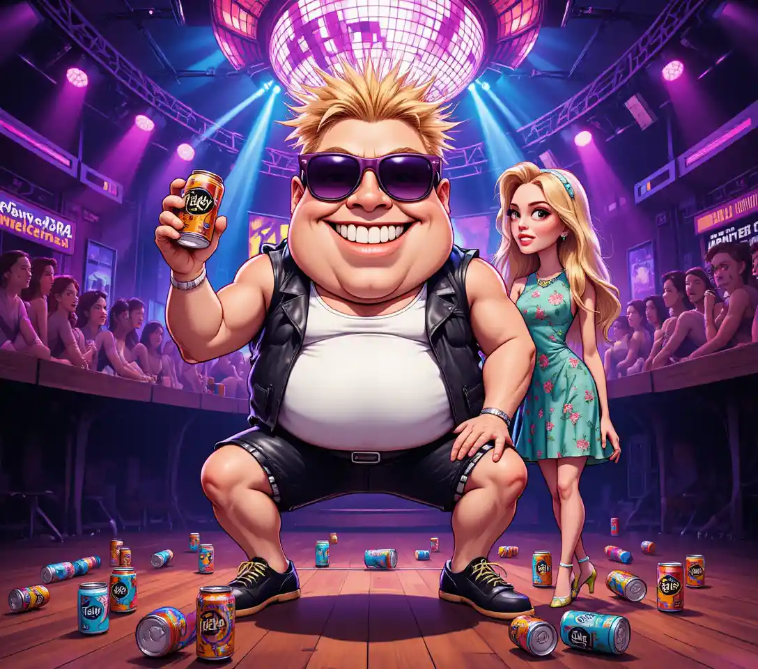 Cartoon man partying with iced tea cans in nightclub