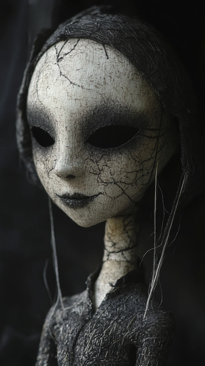 Surreal woman with stitched smile and hollow ink filled eyes