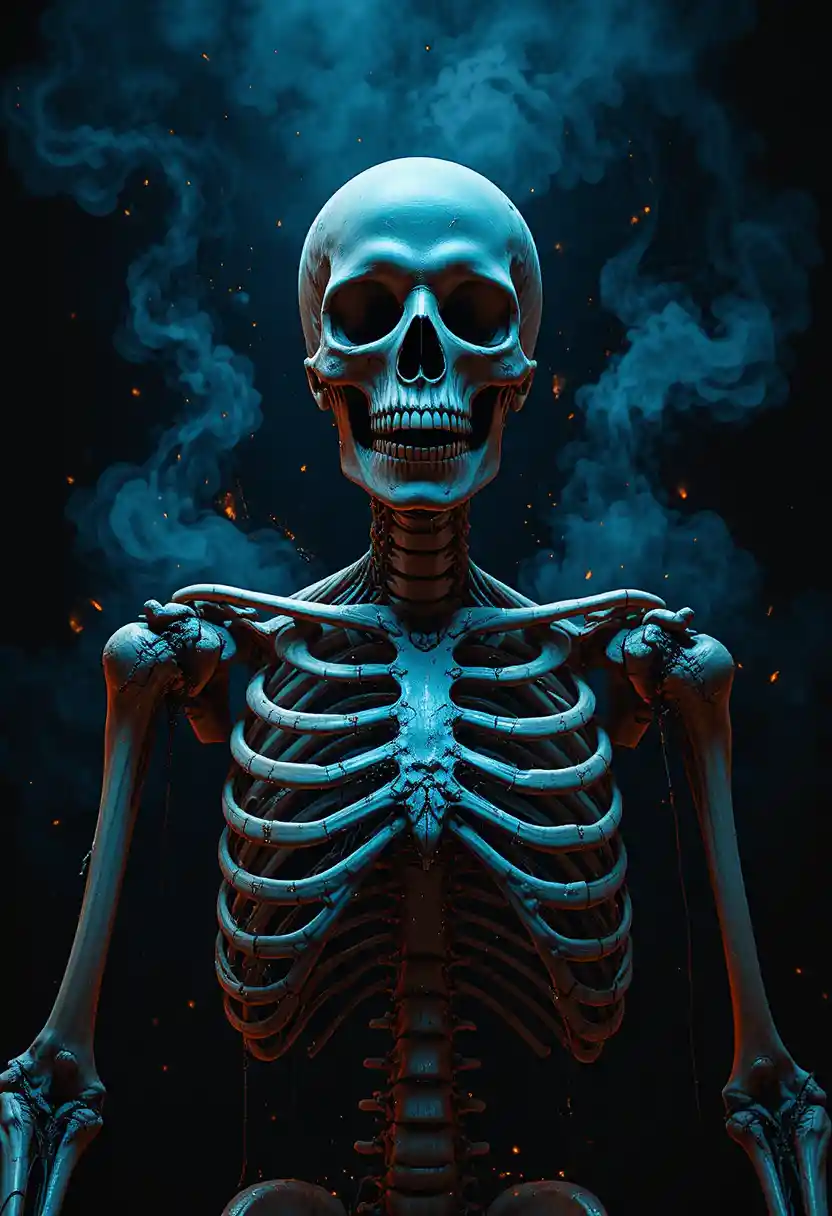 Eerie Human Skeleton Torso In Dramatic Front Lighting