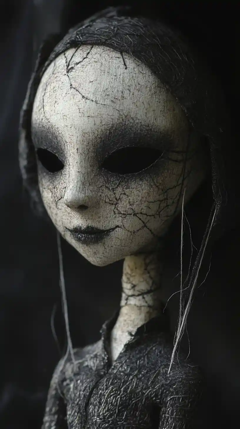 Surreal woman with stitched smile and hollow ink filled eyes