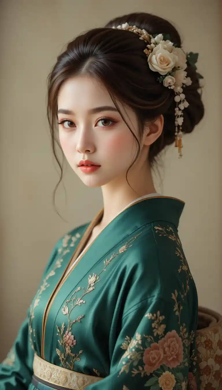 Cute girl portrait in emerald green kimono with flowers