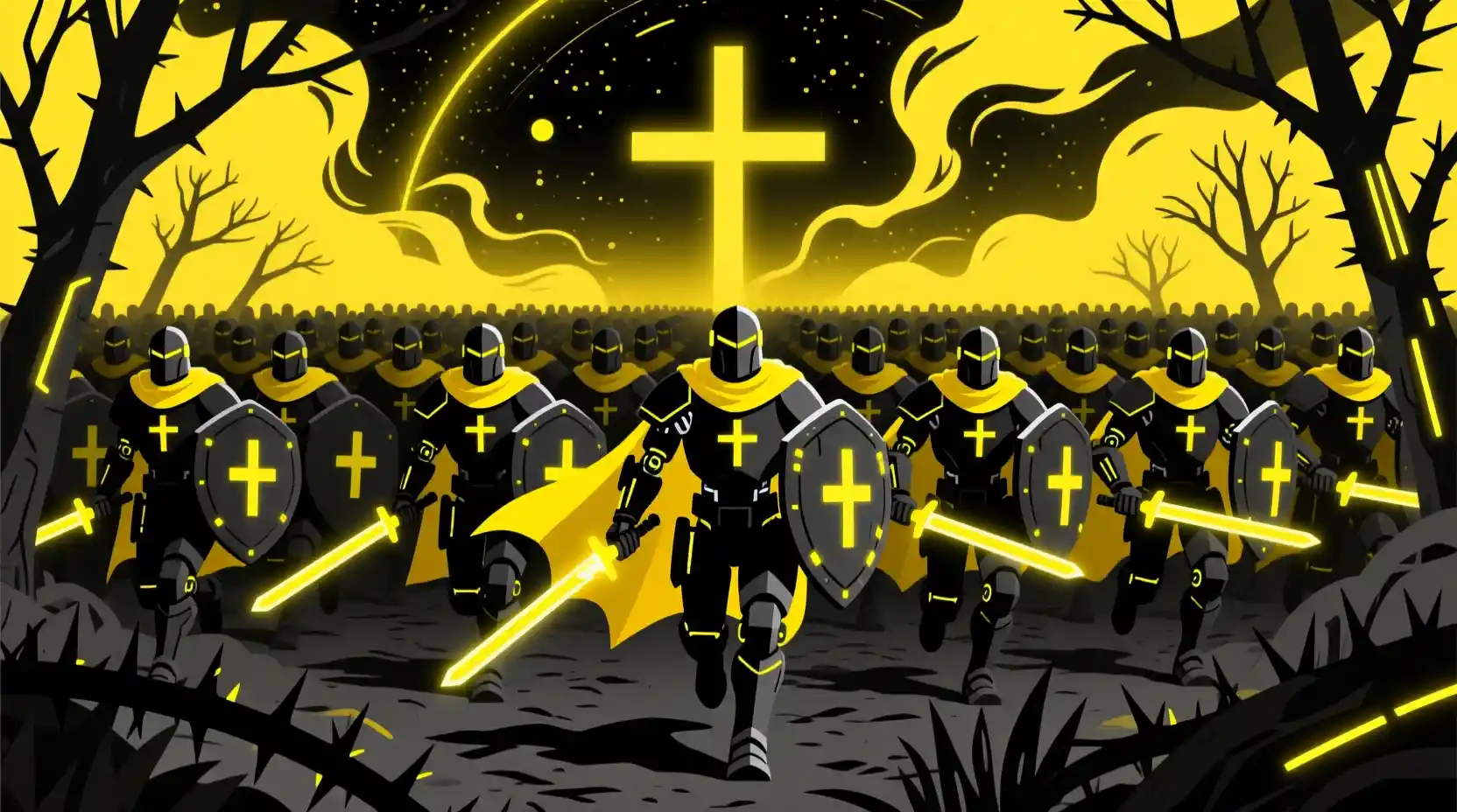 Futuristic mechanical knights charging through a haunted jungle