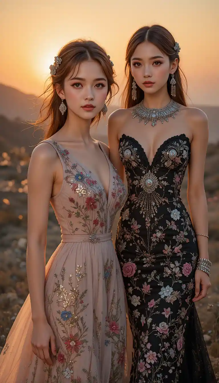 Elegant Japanese woman in floral summer dress at sunset