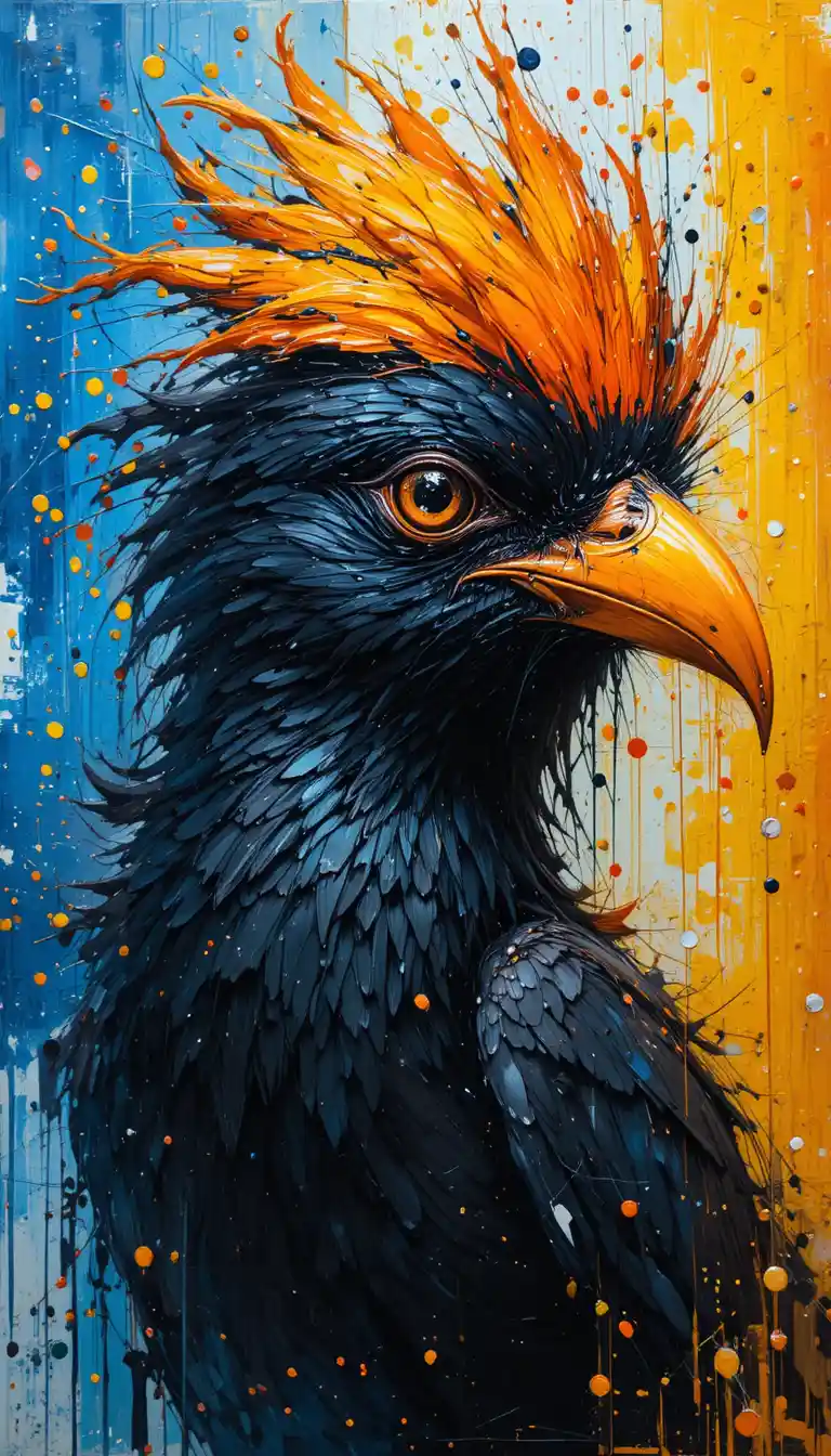 Black bird oil painting with vivid abstract paint splashes