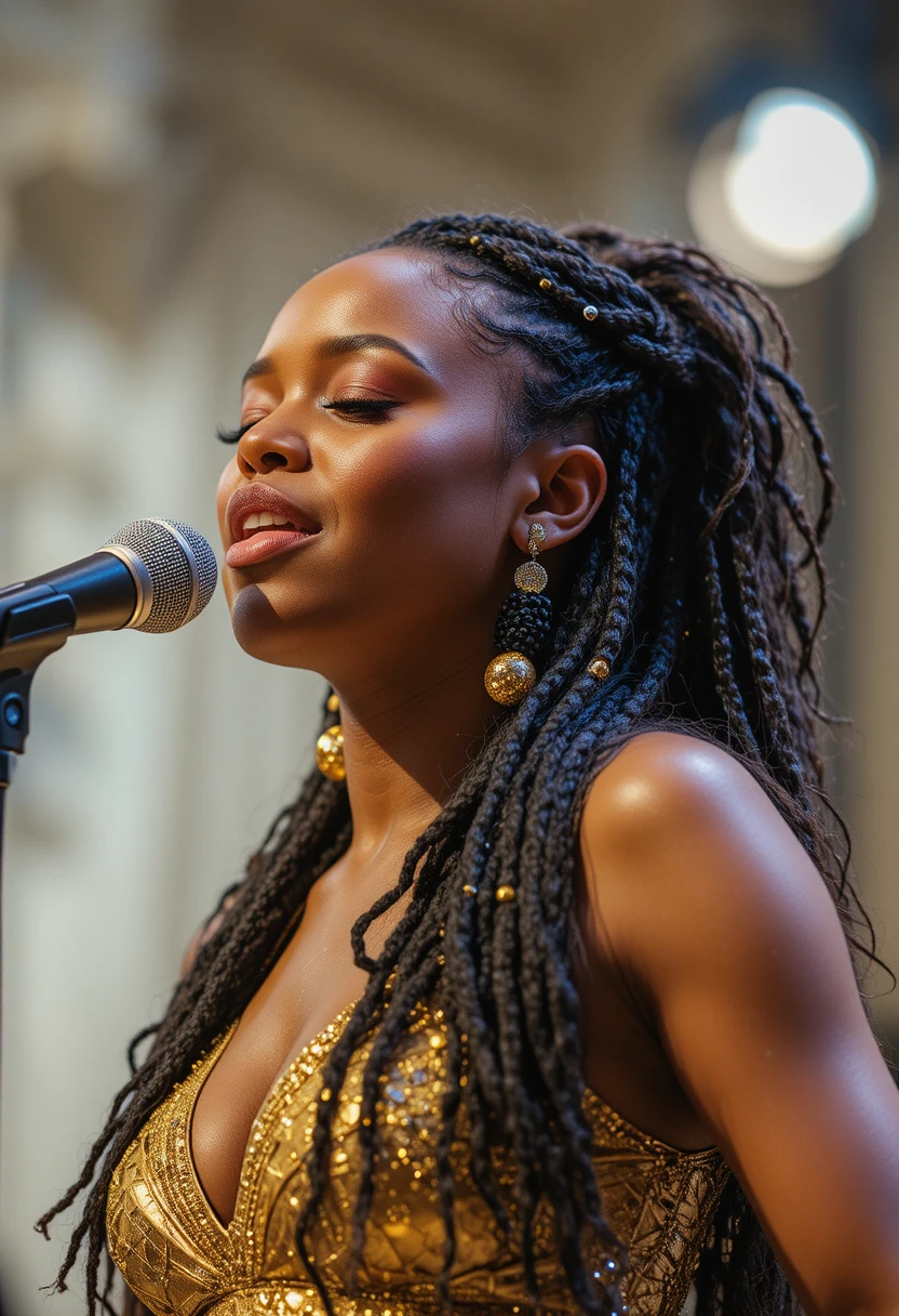 Black woman singer in gold dress at microphone close up