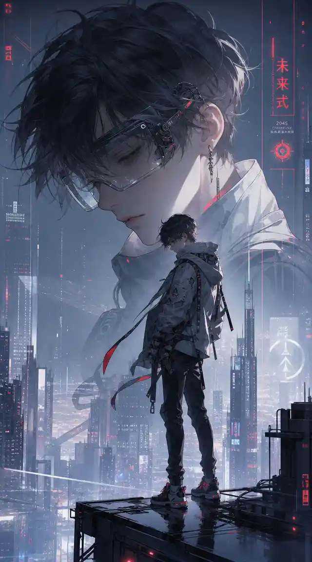 Anime cyberpunk heroine with goggles in neon cityscape