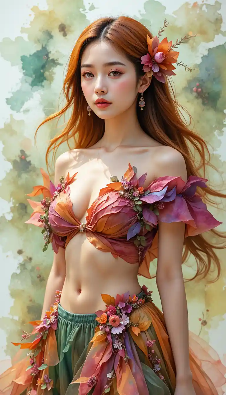 Korean woman in floral watercolor blending with abstract tones