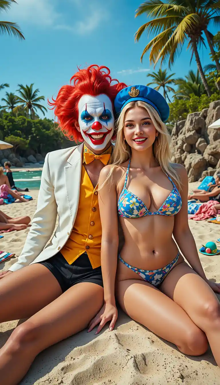 Joyful clown woman on a sunny tropical beach