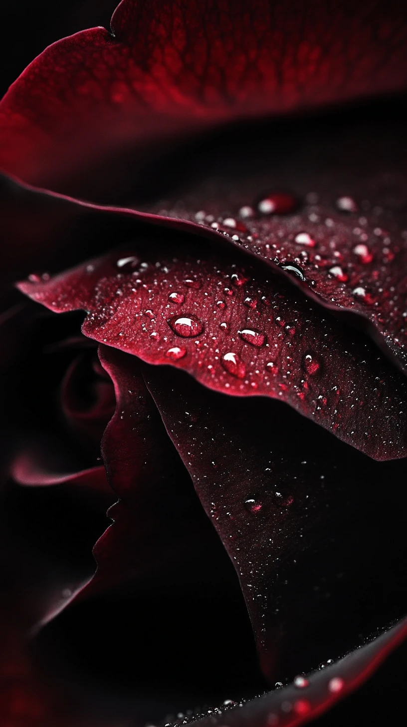 Extreme close up of dark rose petal in deep shadow