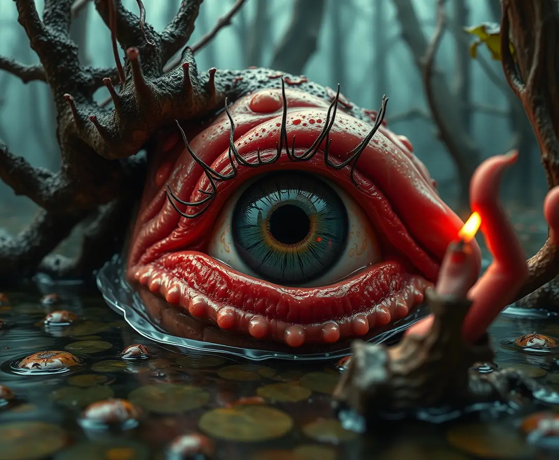 Popsurreal swamp monster in comic horror fantasy scene