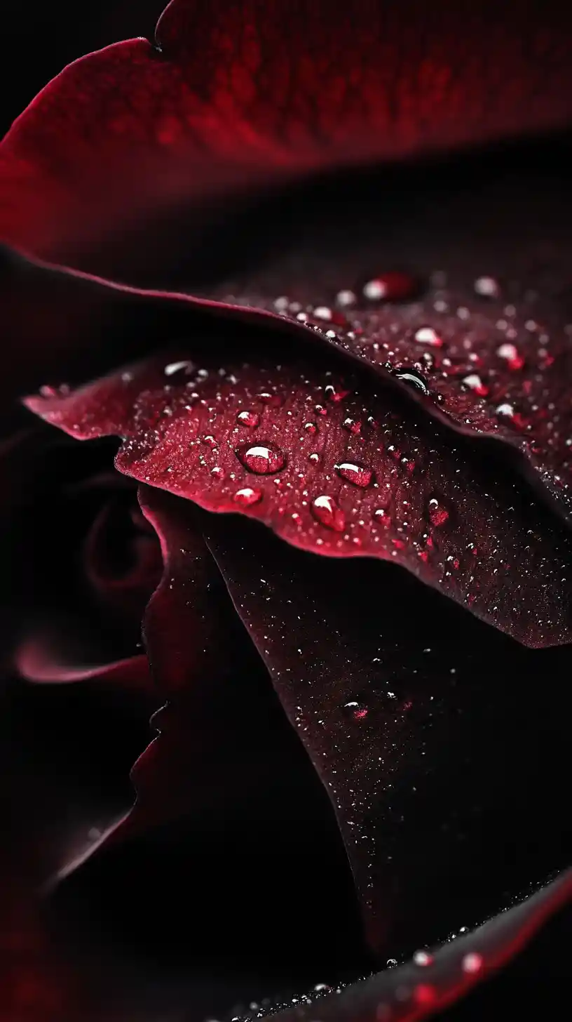 Extreme close up of dark rose petal in deep shadow