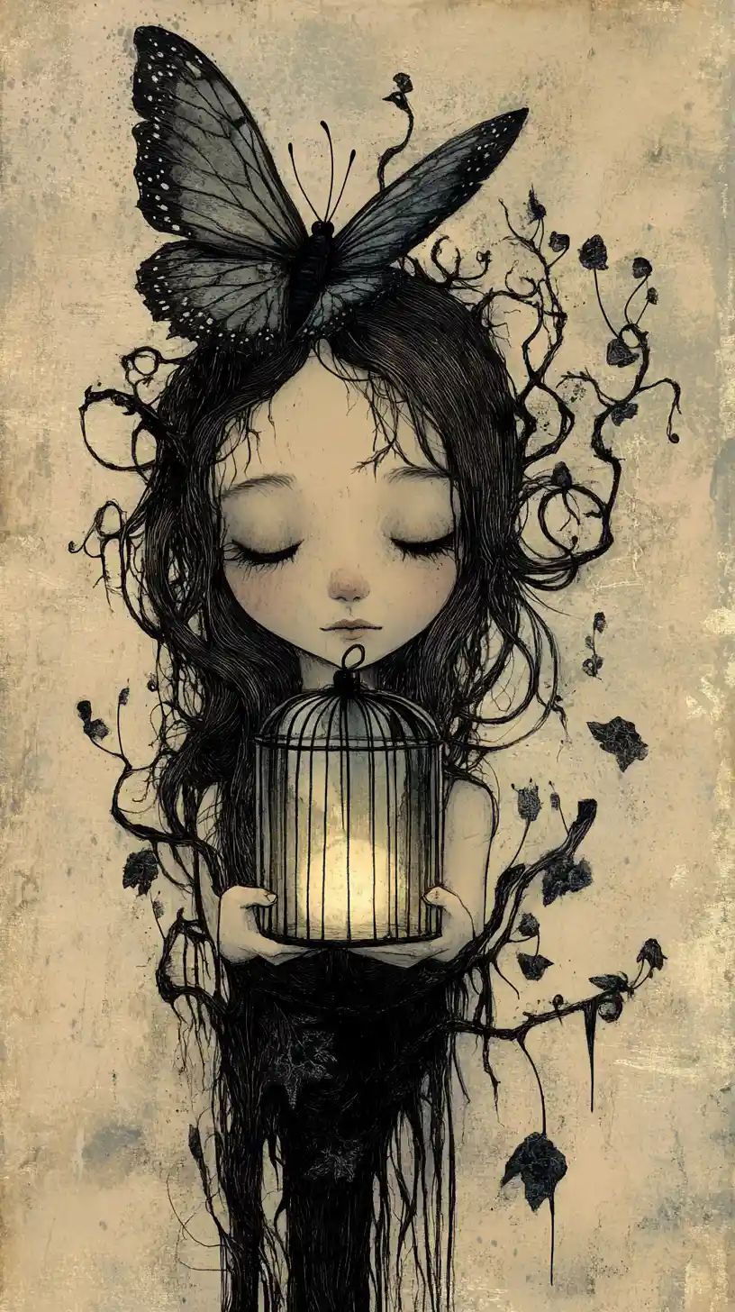 Melancholic girl with glowing moth in a caged mushroom scene