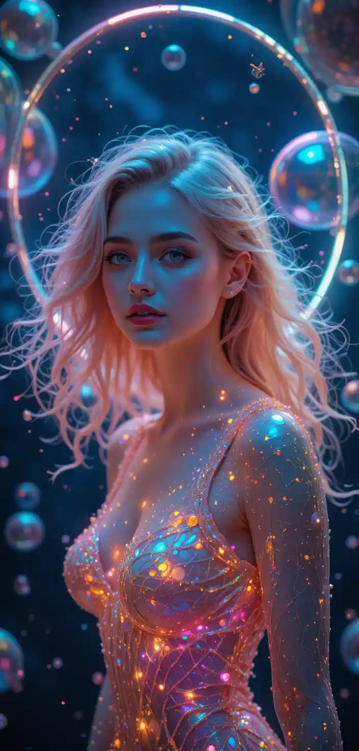 Young neon haired woman glowing in iridescent fantasy bubbles