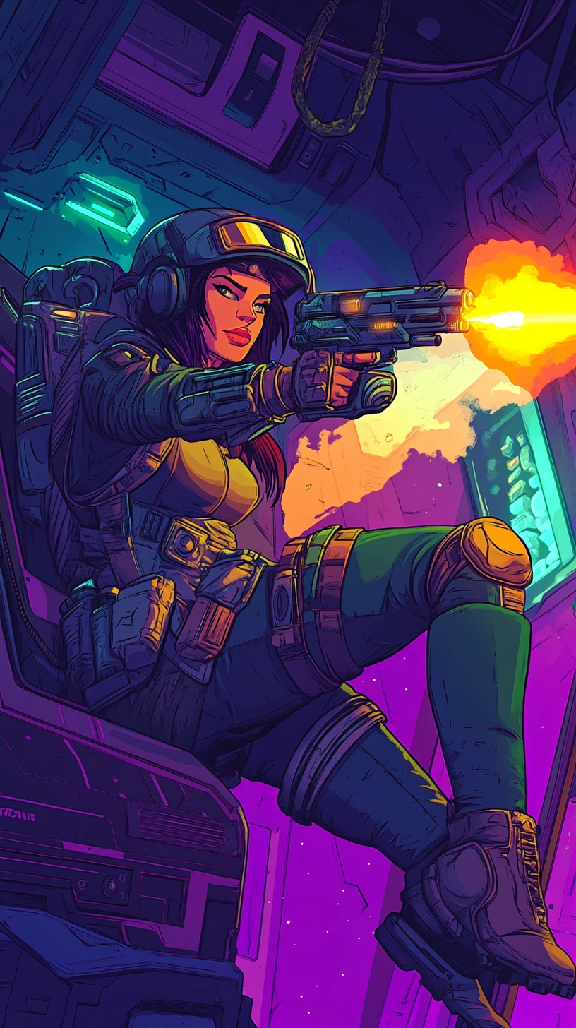 Female bounty hunter firing in dynamic sci fi action scene