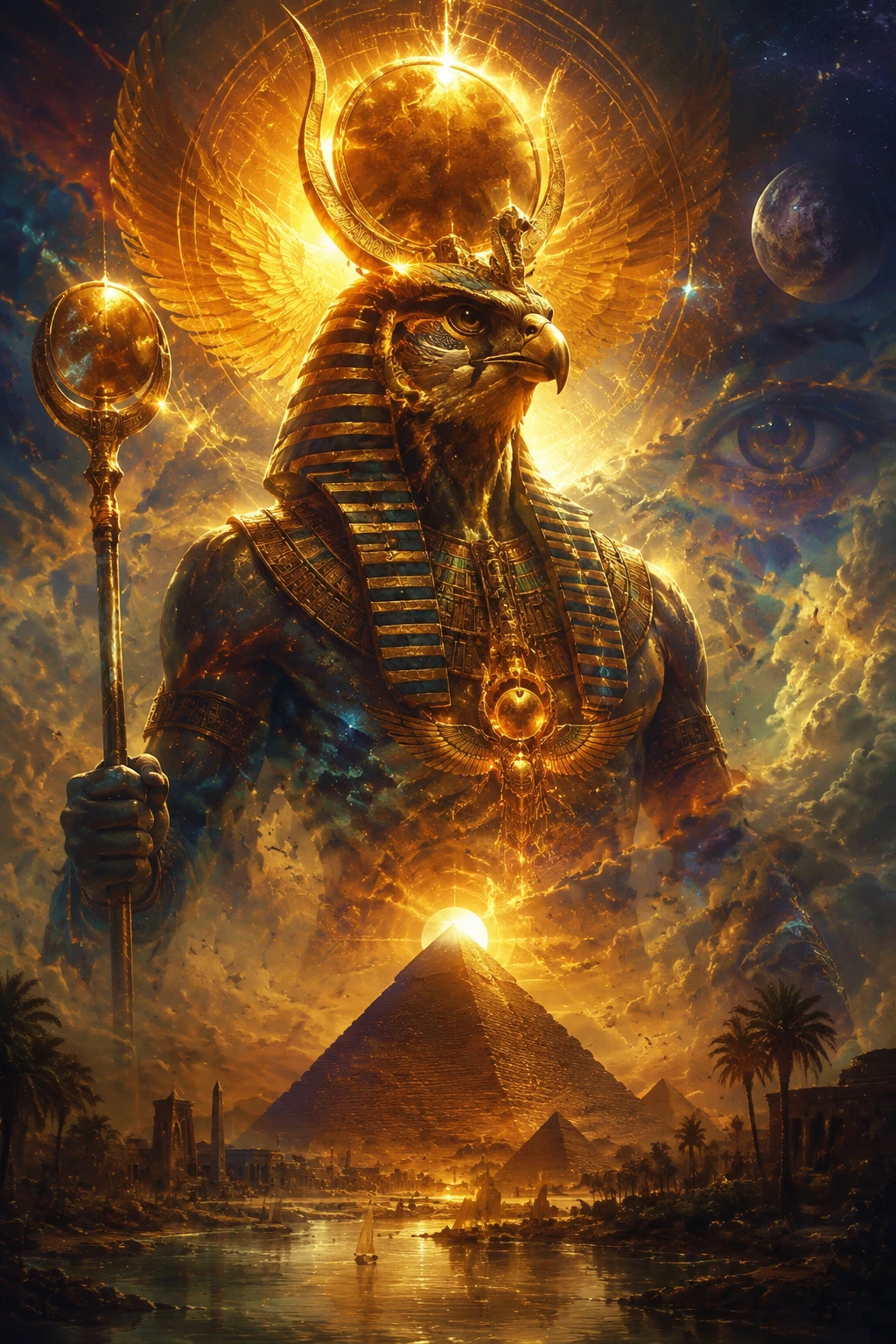 Mystical sun god with glowing light above ancient pyramids