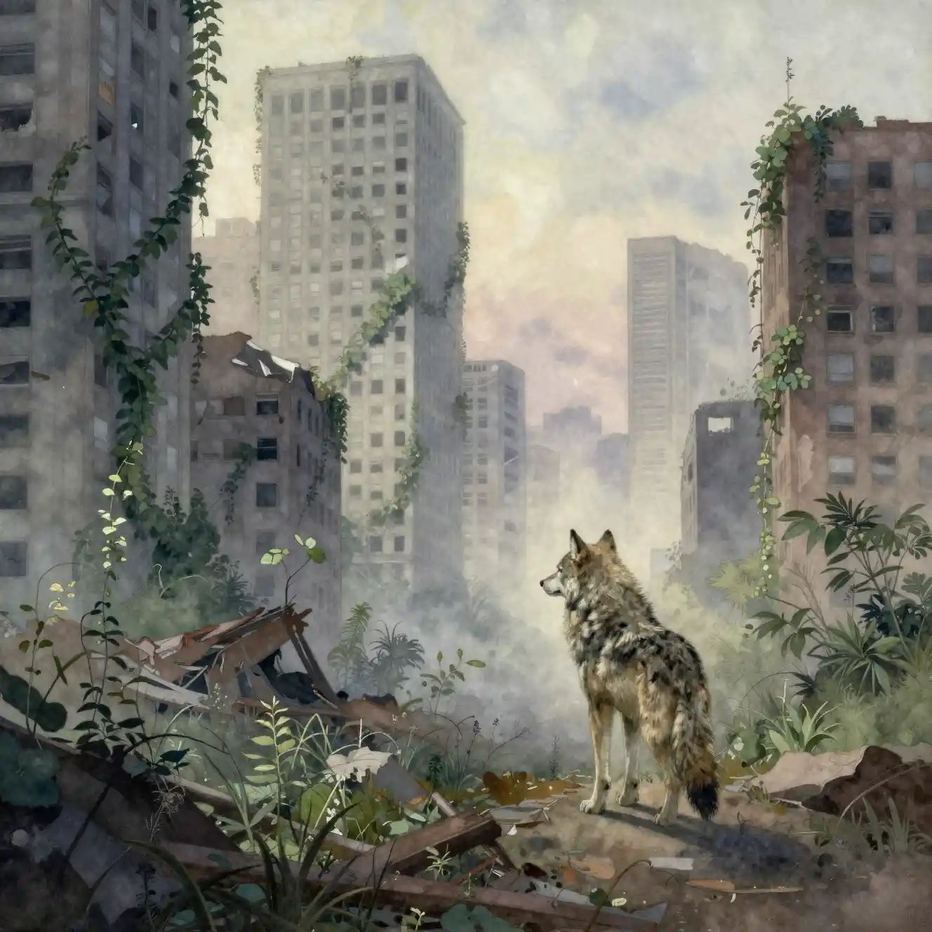 Lone wolf in an overgrown ruined city watercolor scene