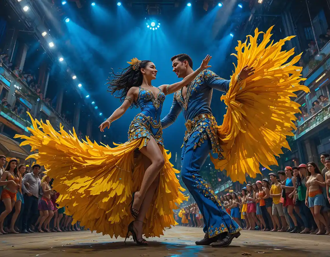 Samba dancers leading a vibrant Rio carnival parade at night