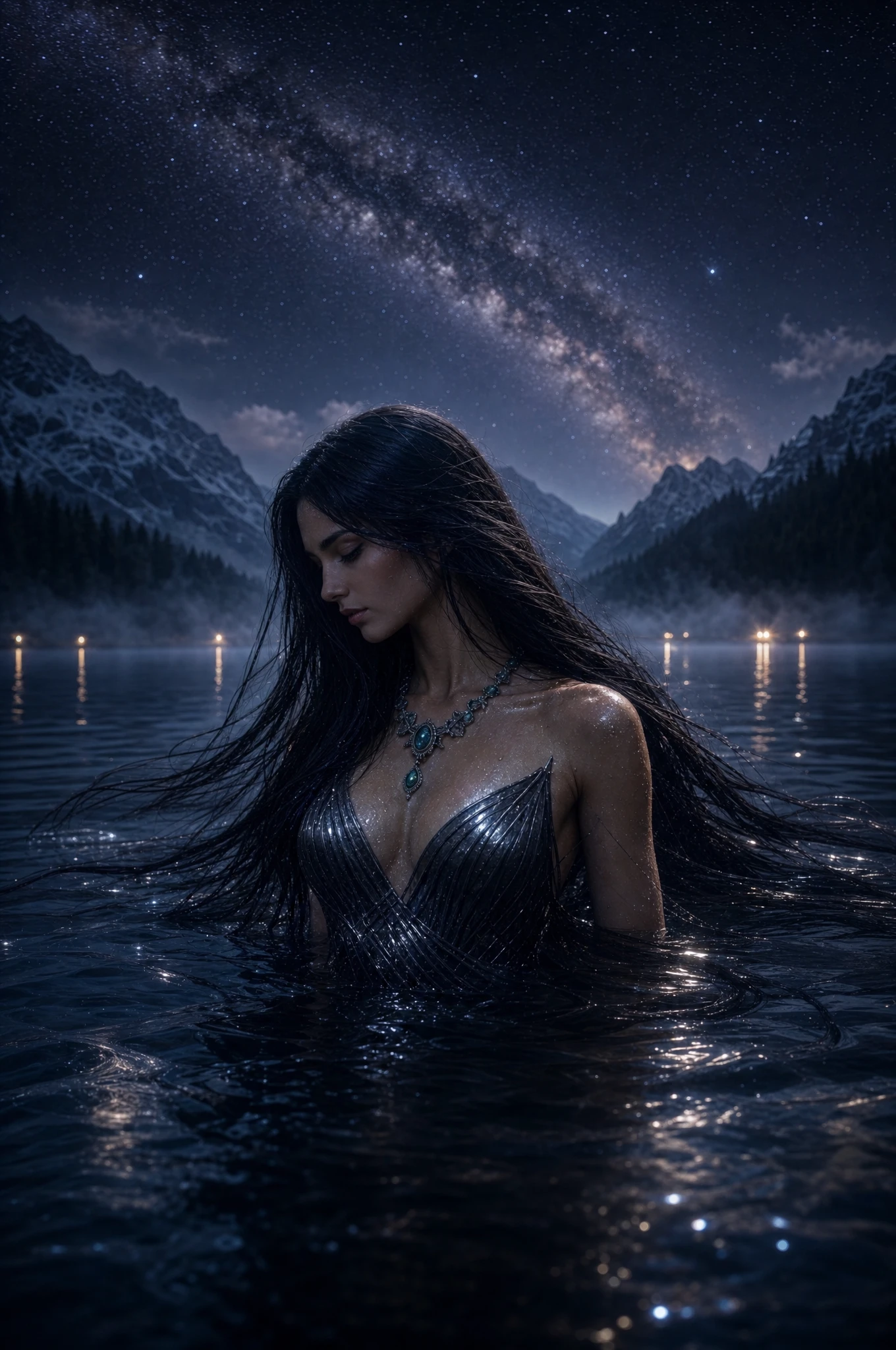 Woman standing in a moonlit alpine lake at night