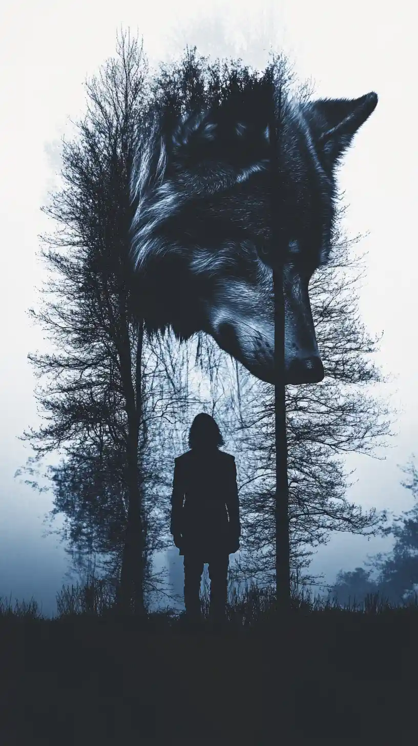 Surreal wolf and human silhouette divided by forest twilight