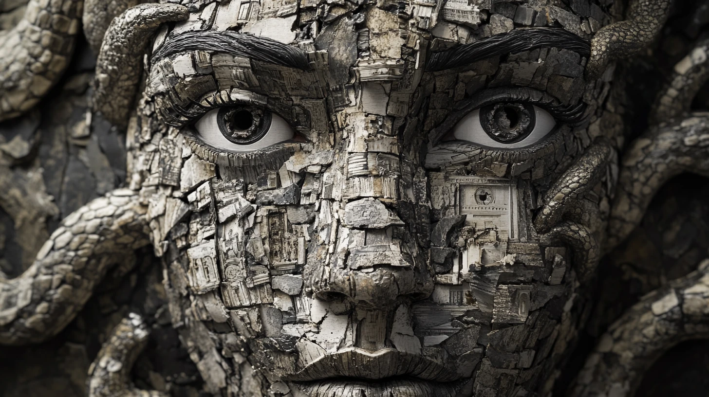 Fragmented surreal face assembled from symbolic imagery