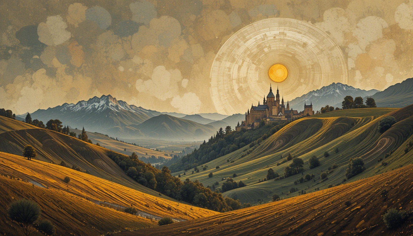 Gothic hillside architecture in soft dawn abstract colors