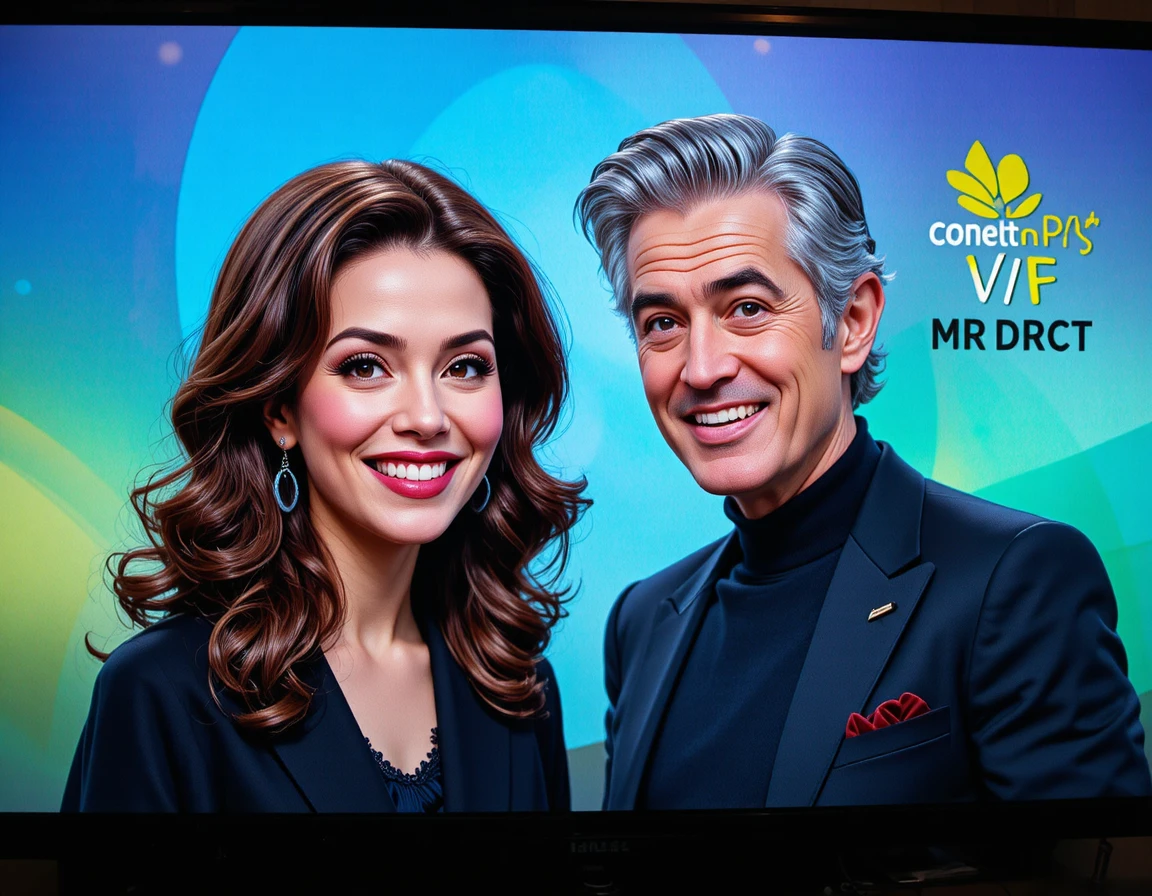 Smiling woman and serious man in vibrant tv studio