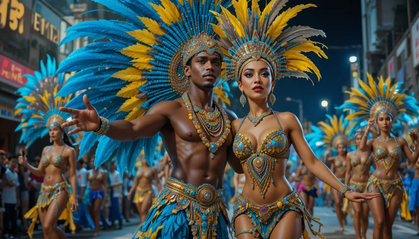 Brazilian samba dancers in feathered carnival parade costumes
