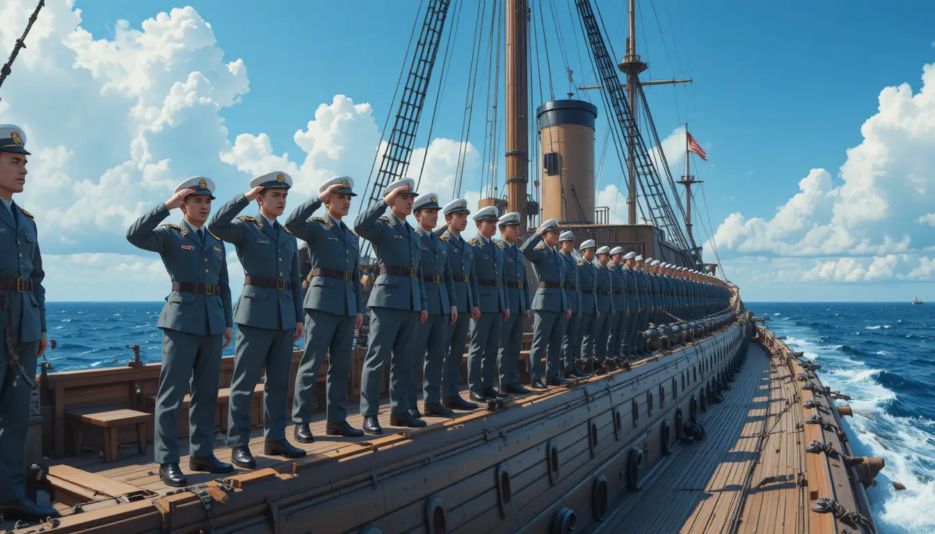 Naval warship crew on deck in bright sunny battle scene