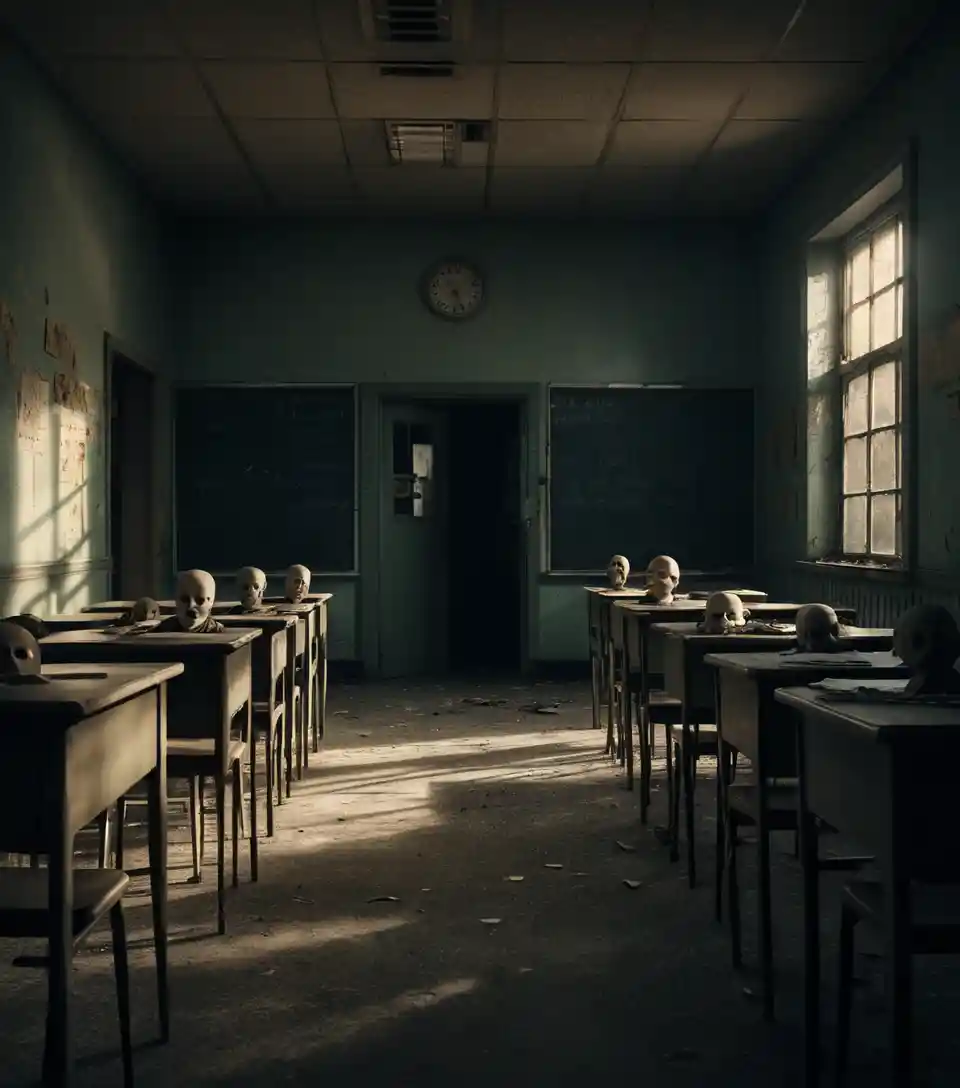 Abandoned classroom of mannequin heads staring toward the doorway