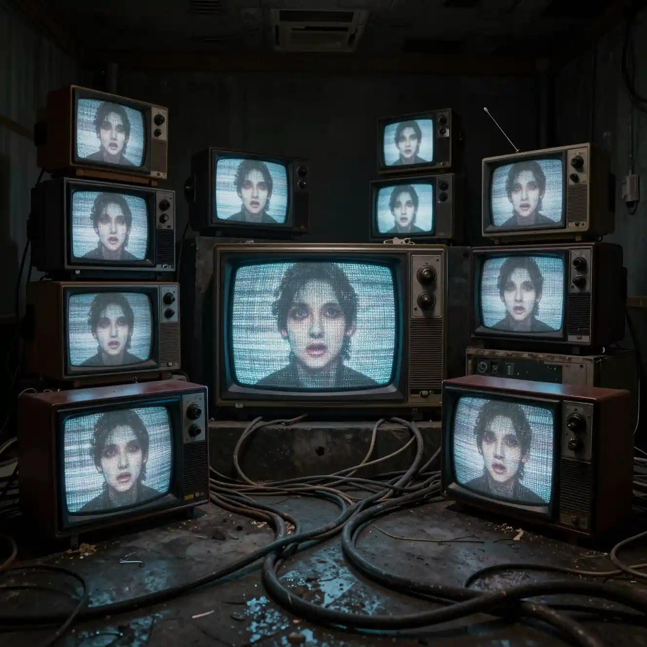 Abandoned television studio filled with staring faces on monitors