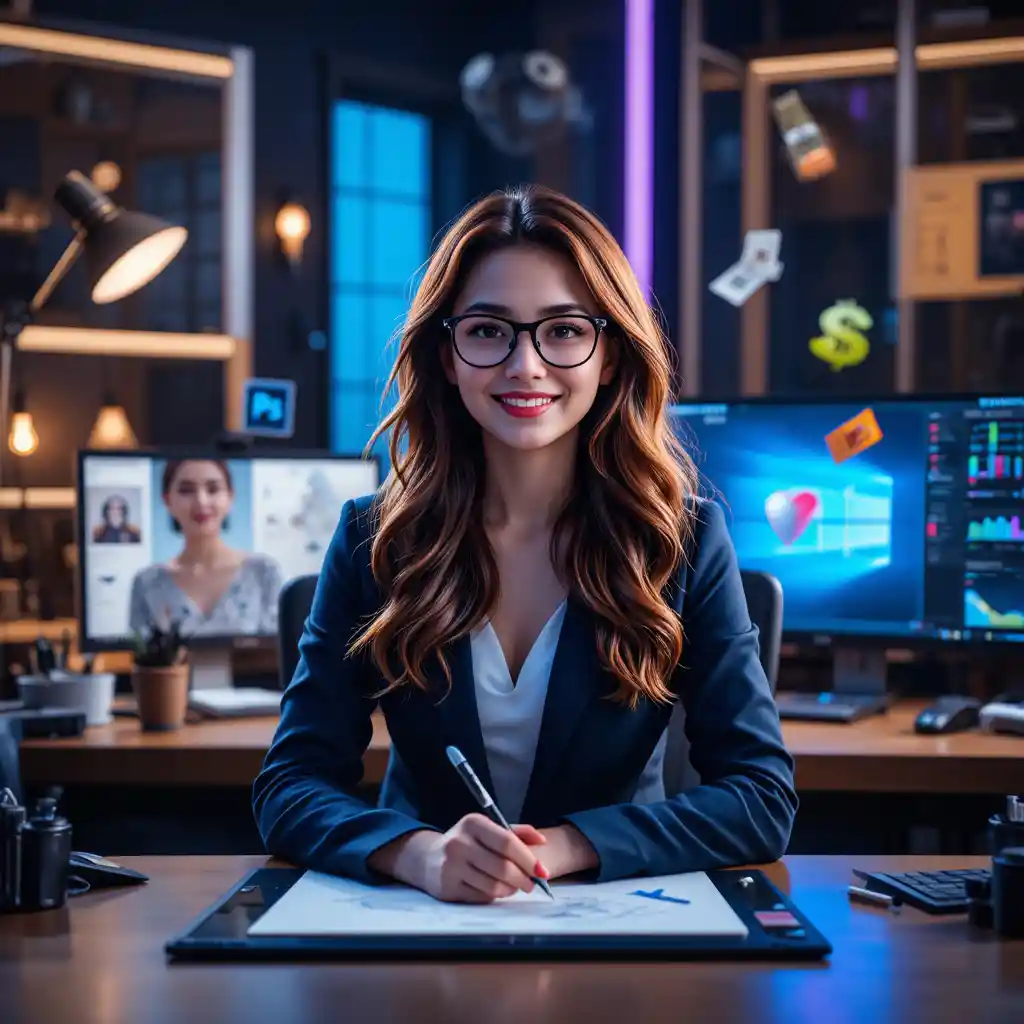 Confident designer at desk in cinematic studio portrait