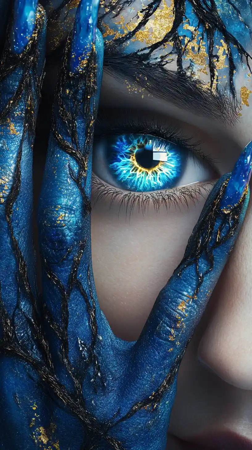 Mystical blue eye close up with ornate gold hand designs