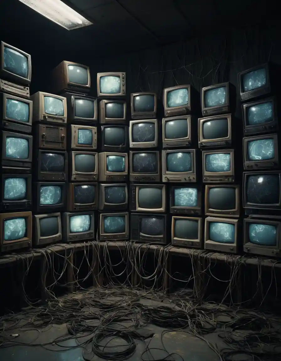 Abandoned television studio filled with antique glowing monitors
