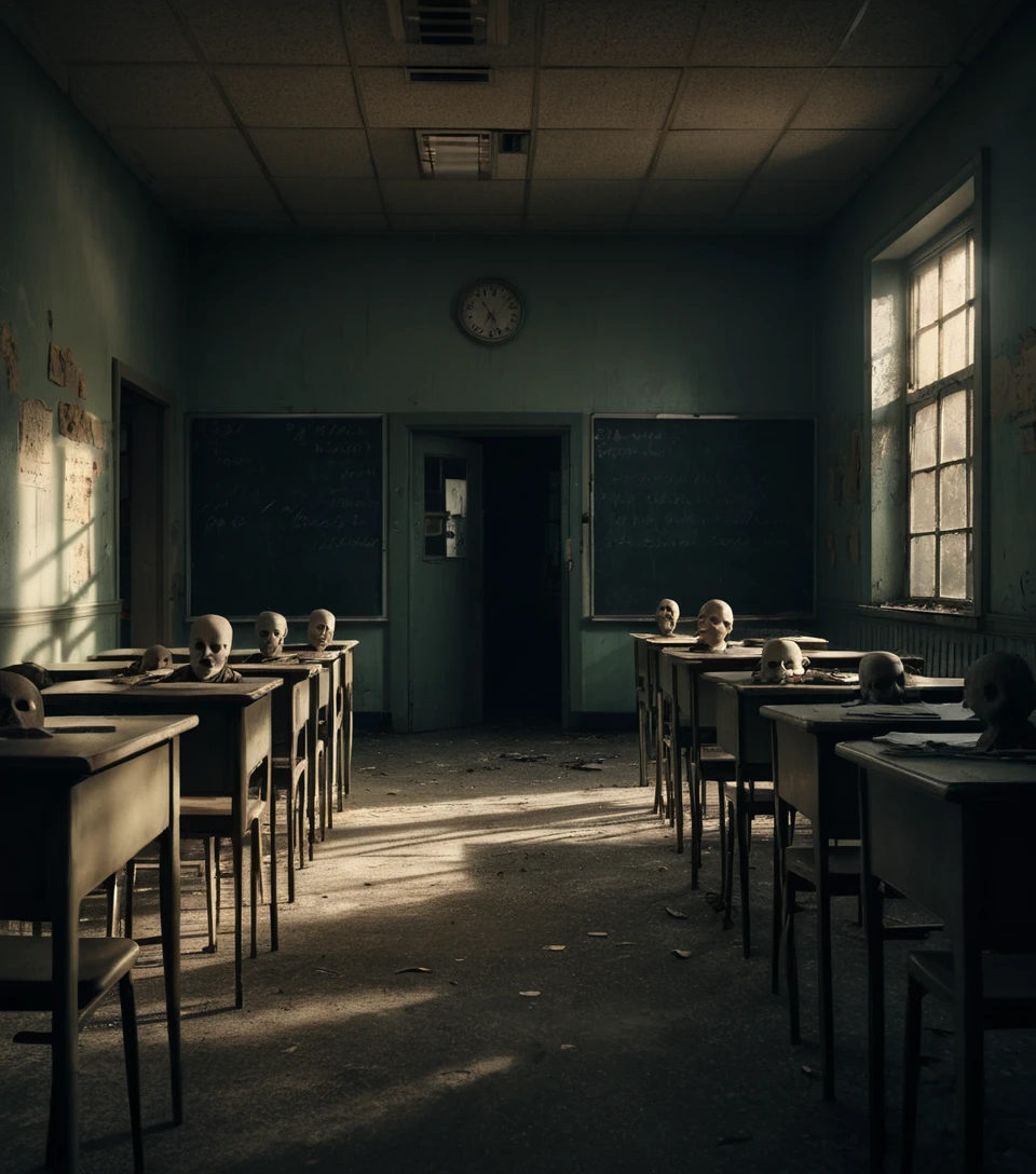 Aula abandonada con cabezas de maniquí mirando hacia la puerta