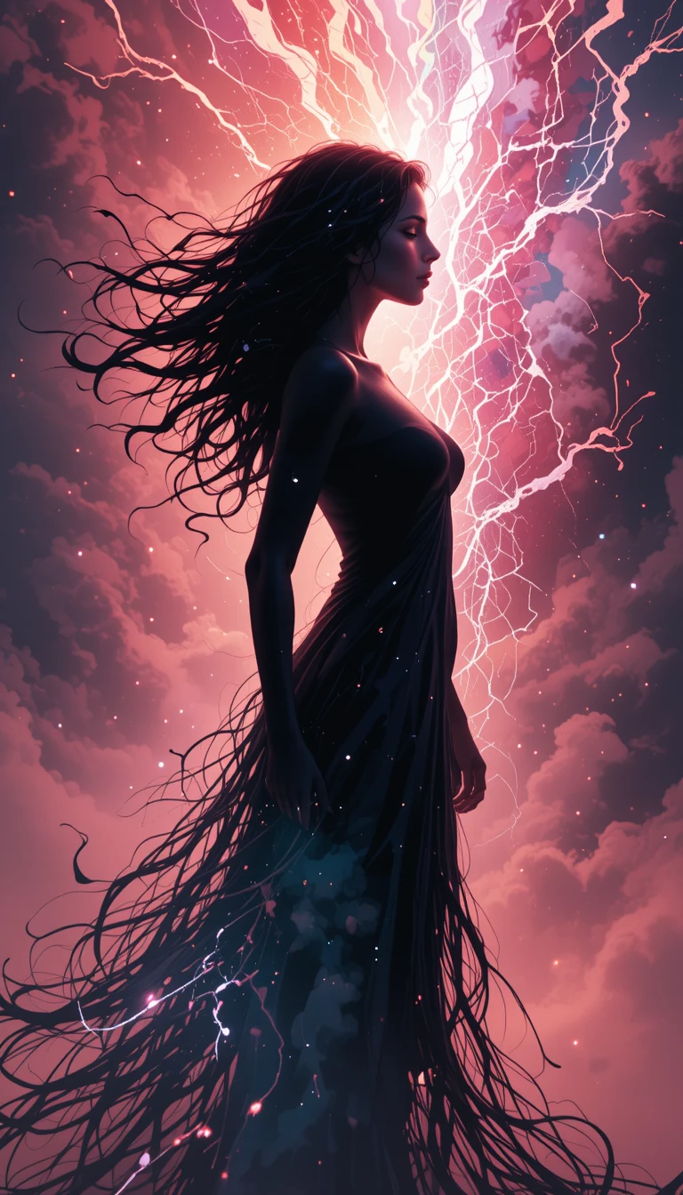 Silhouetted woman dissolving into storm light and shadow
