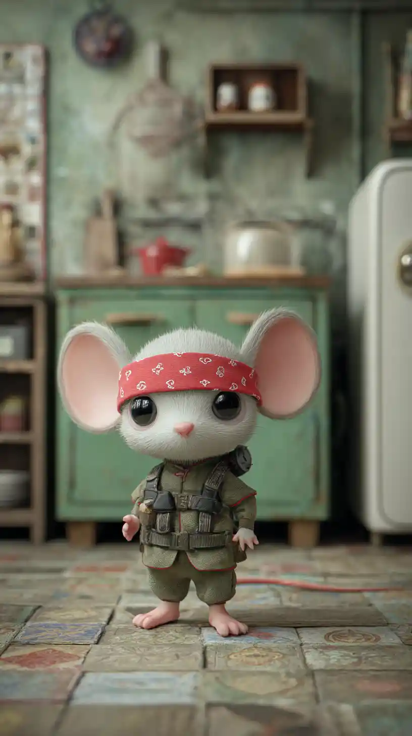 Cute little mouse dressed as a tiny action hero in kitchen