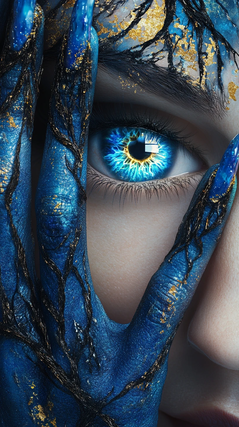 Mystical blue eye close up with ornate gold hand designs