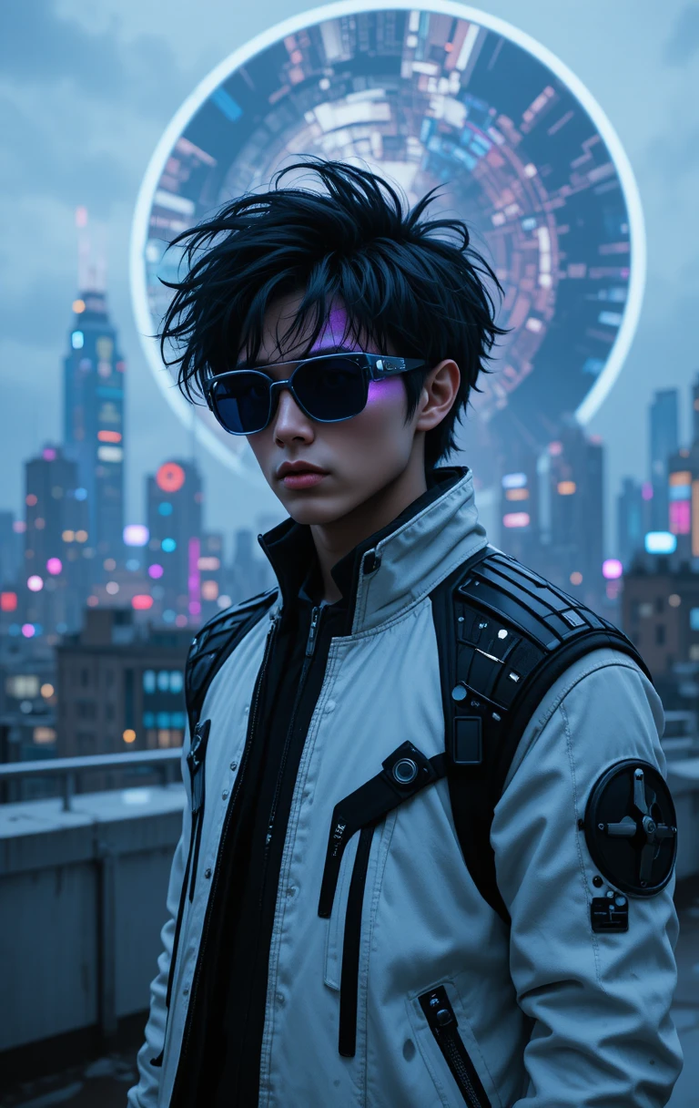 Young man with neon glasses on a moody city rooftop