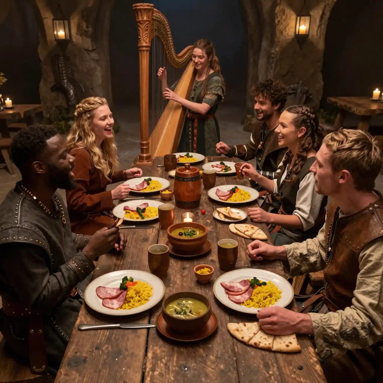 Friends sharing a fantasy tavern feast at night