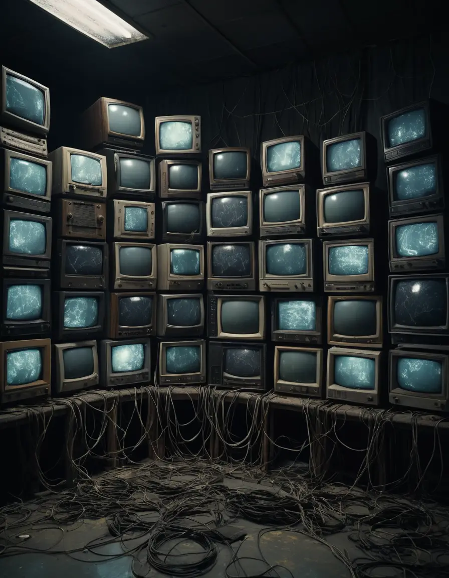 Abandoned television studio filled with antique glowing monitors