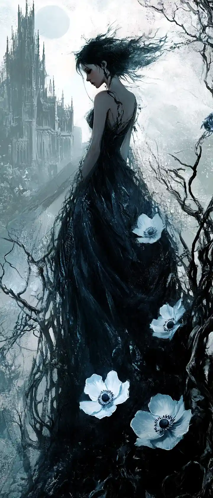 Woman in gothic gown on ancient stone stairs at night