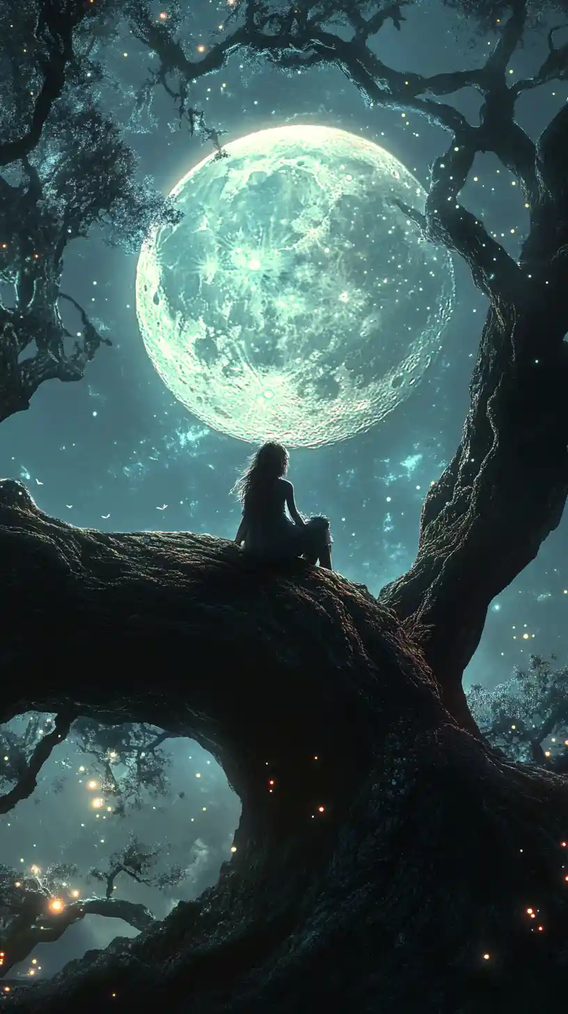 Girl On Ancient Tree Branch Under A Luminous Full Moon