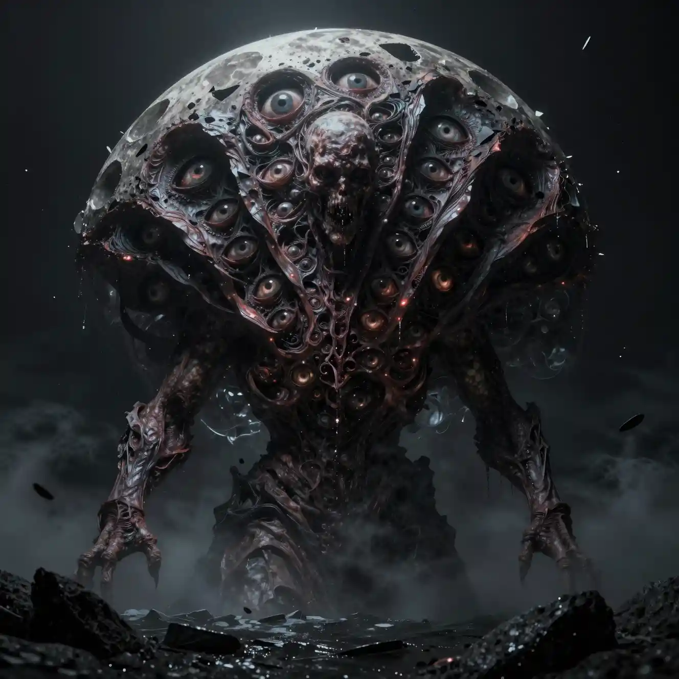 Ancient cosmic monster rising from a dark alien ocean