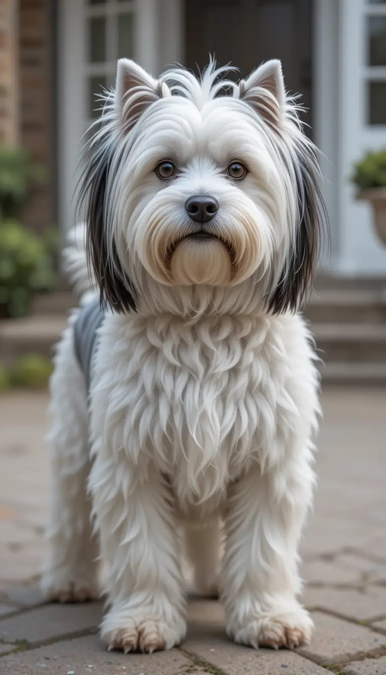 Long haired maltese dog with zebra stripes before a house