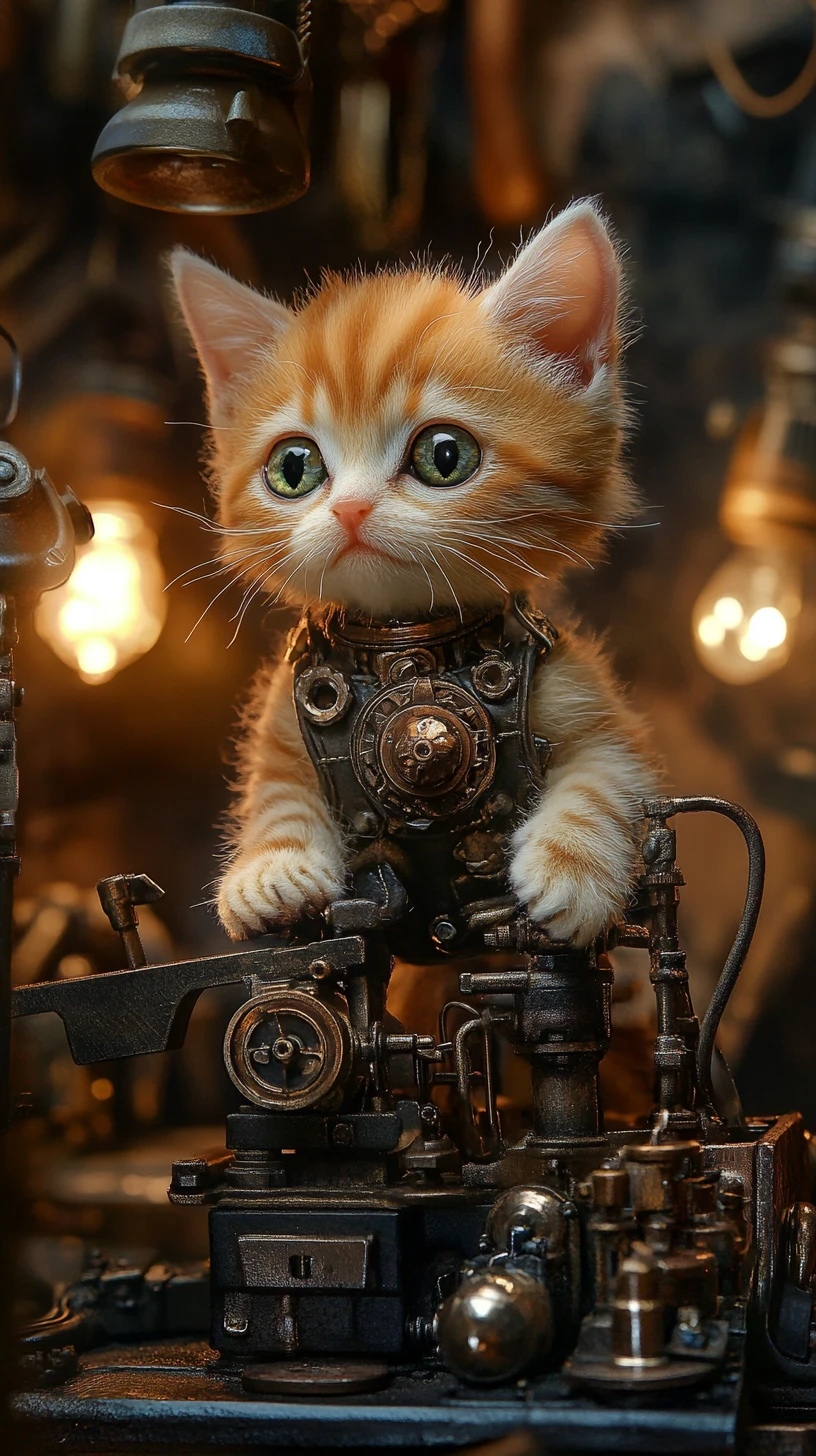 Steampunk kitten activating levers in a bright castle room
