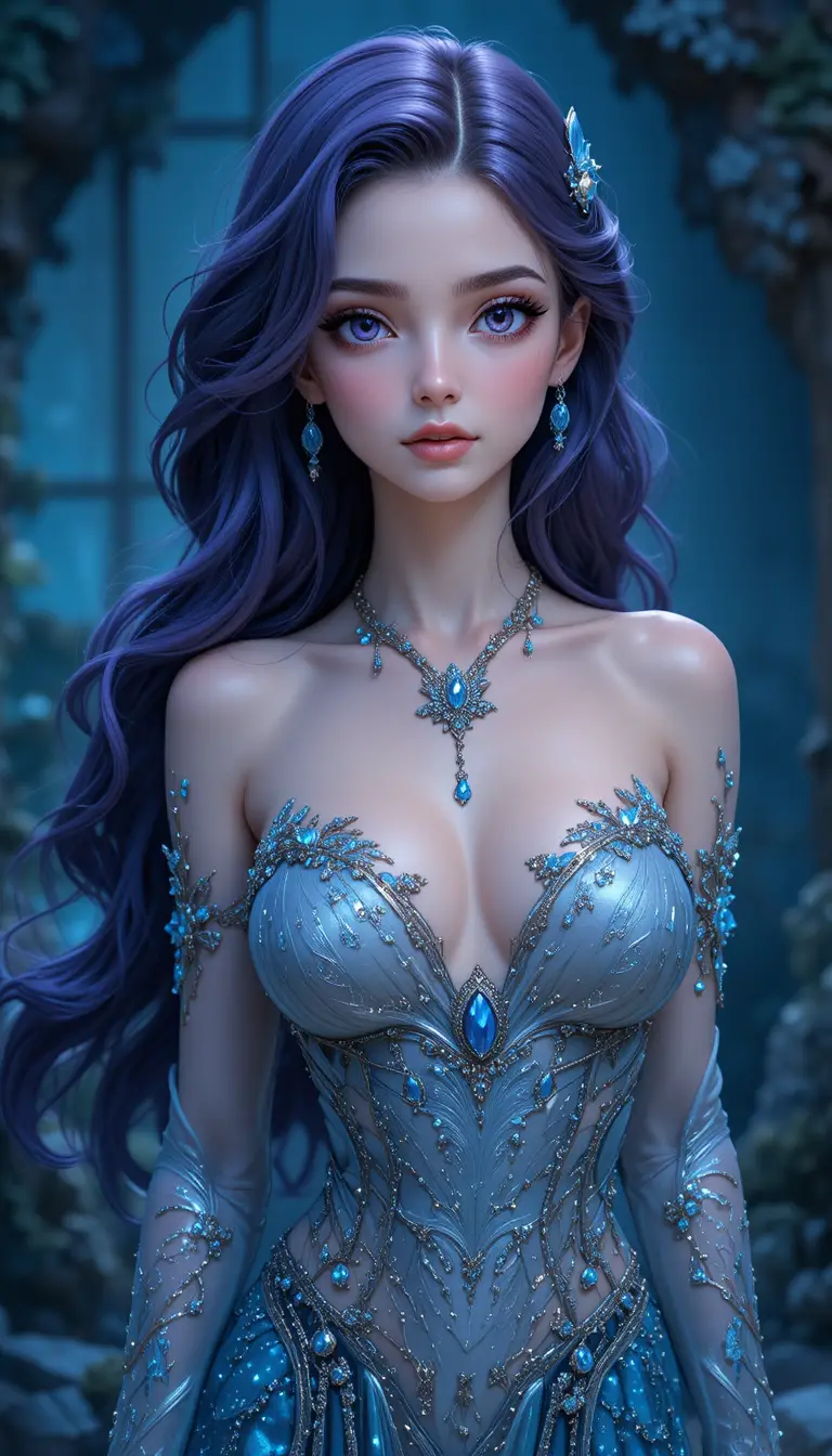 Ninfa sirena elegante de cabello violeta con atuendo oceánico fluido