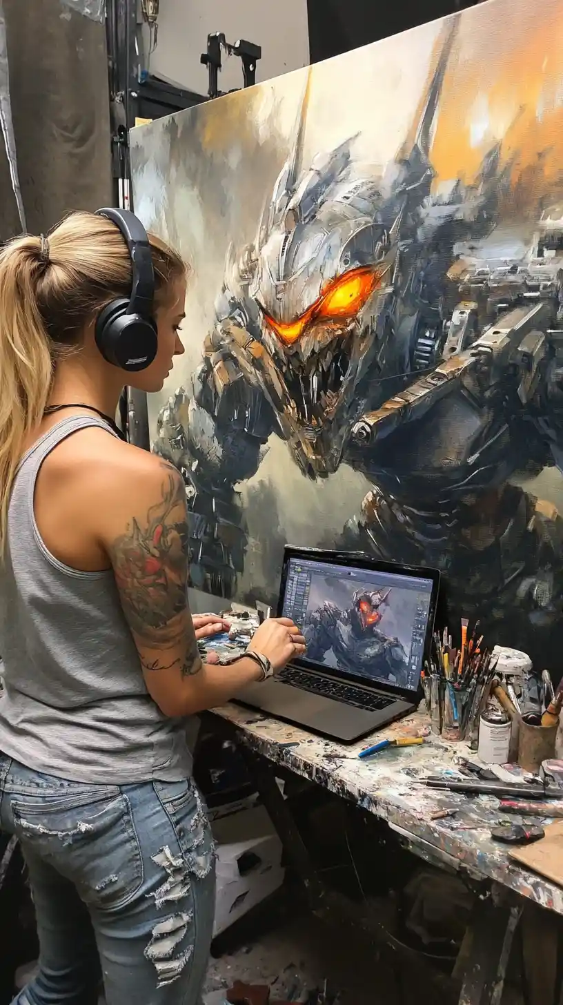 Tattooed woman painting a metallic robot in studio