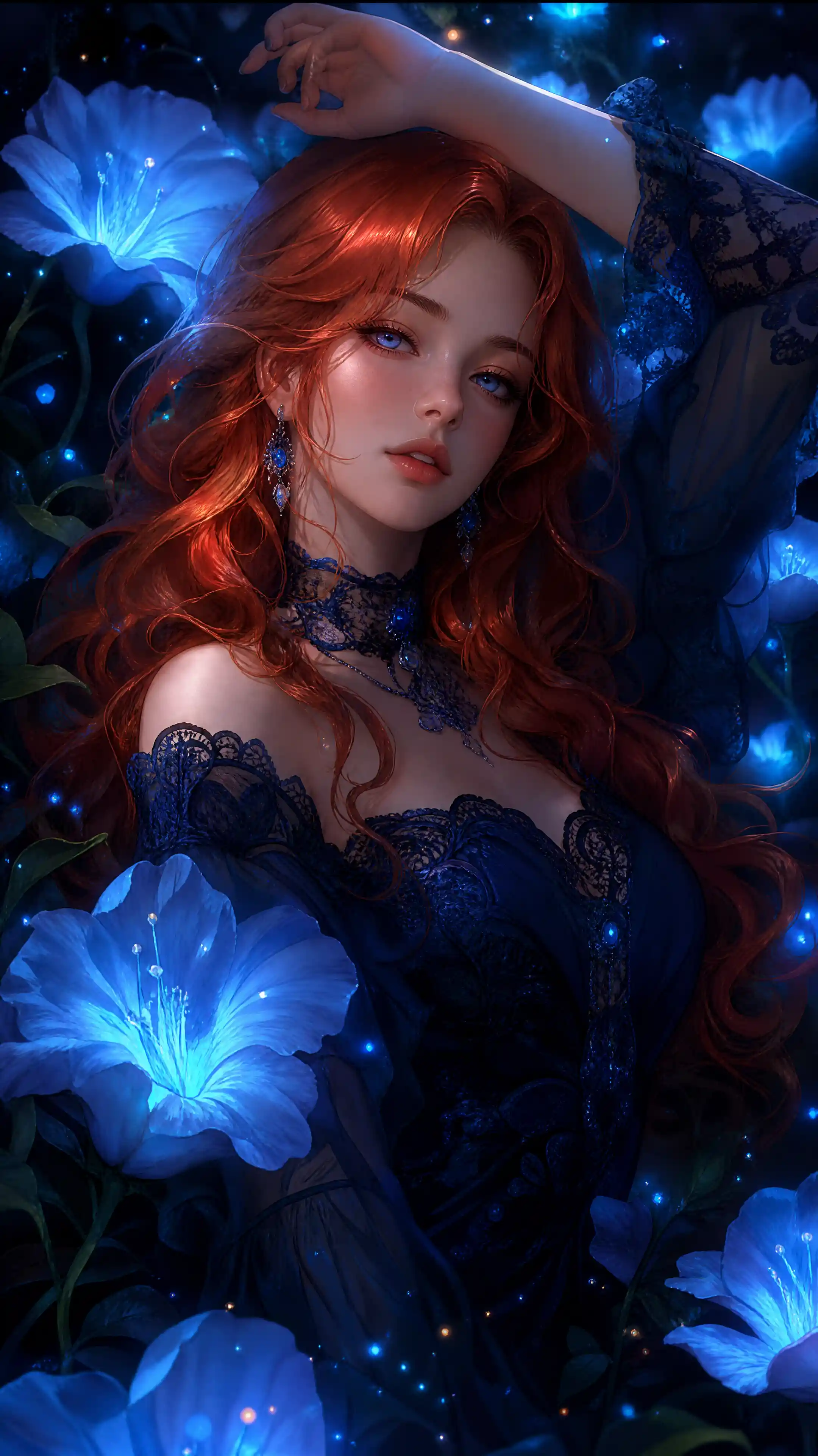 Anime girl with blue flowers in a mystical garden