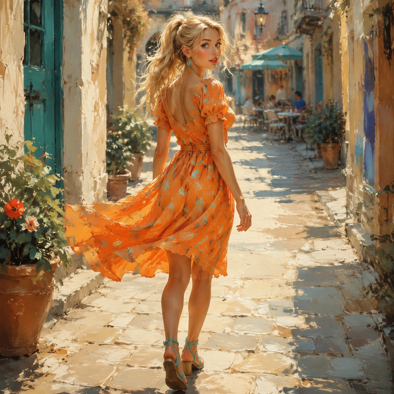 Woman in orange dress turning back on a city street